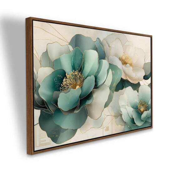 Quadro Flores Verde gua e Dourado Sofisticao e Elegncia