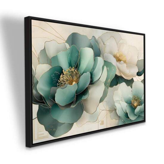Quadro Flores Verde gua e Dourado Sofisticao e Elegncia