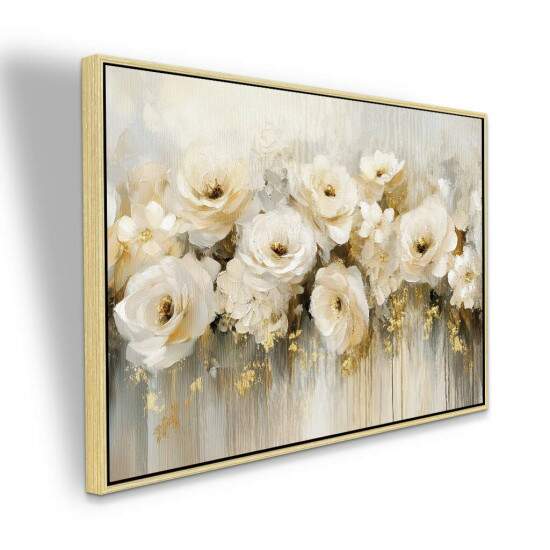 Quadro Painel Floral Branco e Dourado Luxo Tons Pasteis