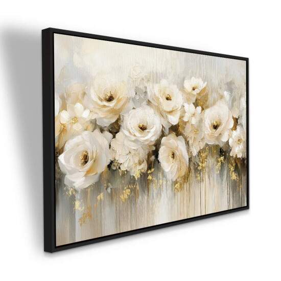 Quadro Painel Floral Branco e Dourado Luxo Tons Pasteis