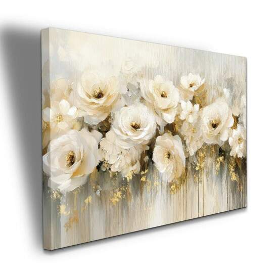 Quadro Painel Floral Branco e Dourado Luxo Tons Pasteis
