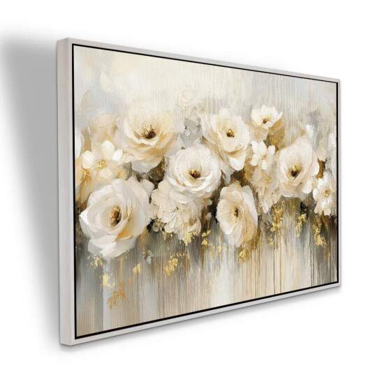 Quadro Painel Floral Branco e Dourado Luxo Tons Pasteis