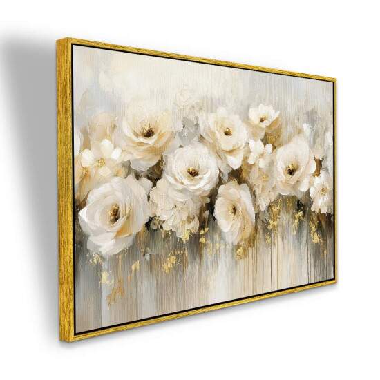 Quadro Painel Floral Branco e Dourado Luxo Tons Pasteis