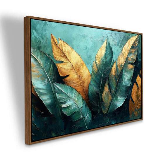 Quadro Tropical Folhas em Verde e Dourado Arte Extica Elegante