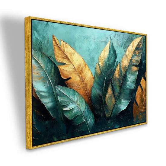 Quadro Tropical Folhas em Verde e Dourado Arte Extica Elegante