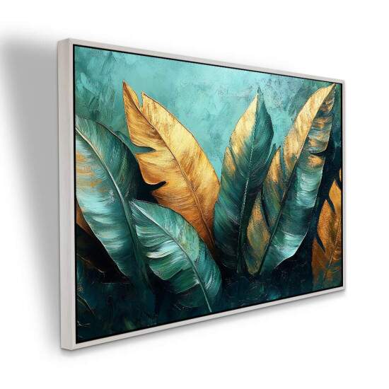 Quadro Tropical Folhas em Verde e Dourado Arte Extica Elegante