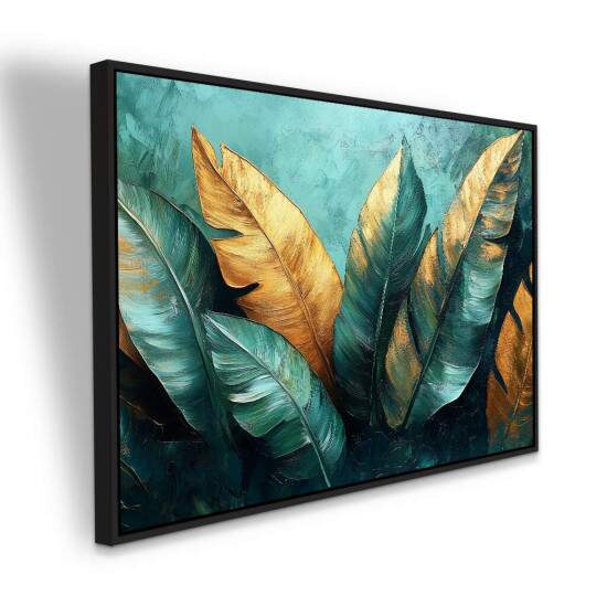 Quadro Tropical Folhas em Verde e Dourado Arte Extica Elegante