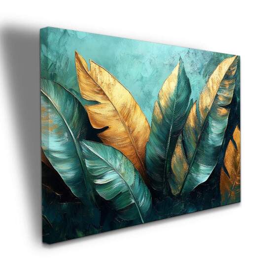 Quadro Tropical Folhas em Verde e Dourado Arte Extica Elegante