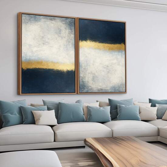 Dupla de Quadros Abstrato Azul e Dourado com Tons Cinzas