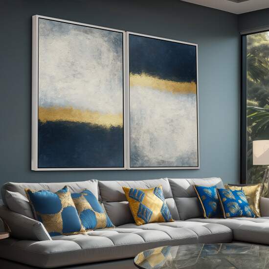 Dupla de Quadros Abstrato Azul e Dourado com Tons Cinzas
