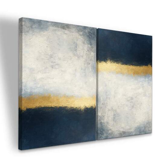 Dupla de Quadros Abstrato Azul e Dourado com Tons Cinzas