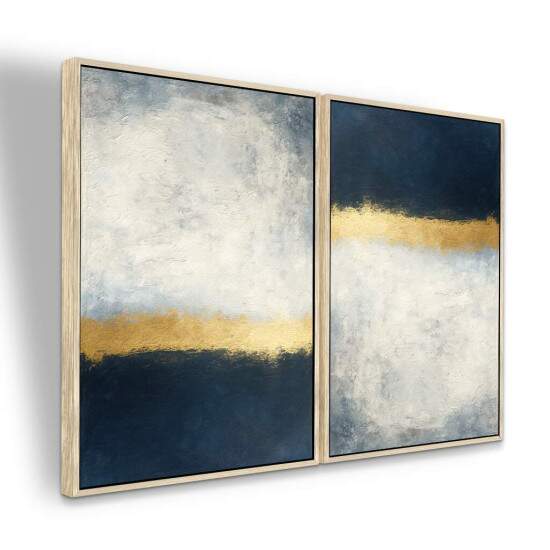 Dupla de Quadros Abstrato Azul e Dourado com Tons Cinzas
