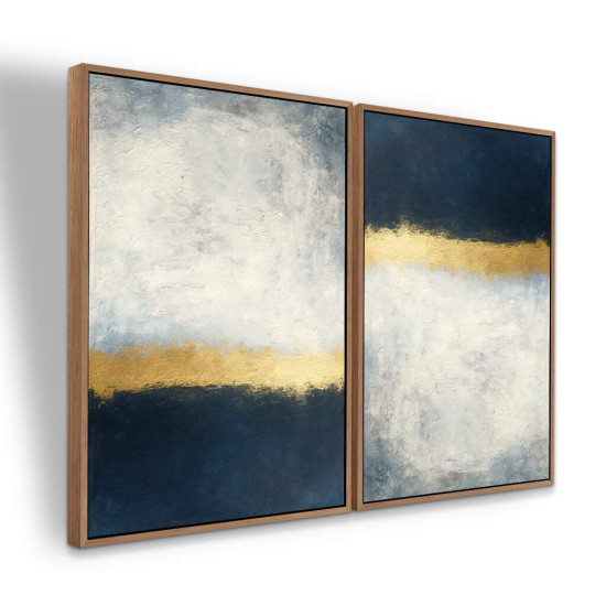 Dupla de Quadros Abstrato Azul e Dourado com Tons Cinzas