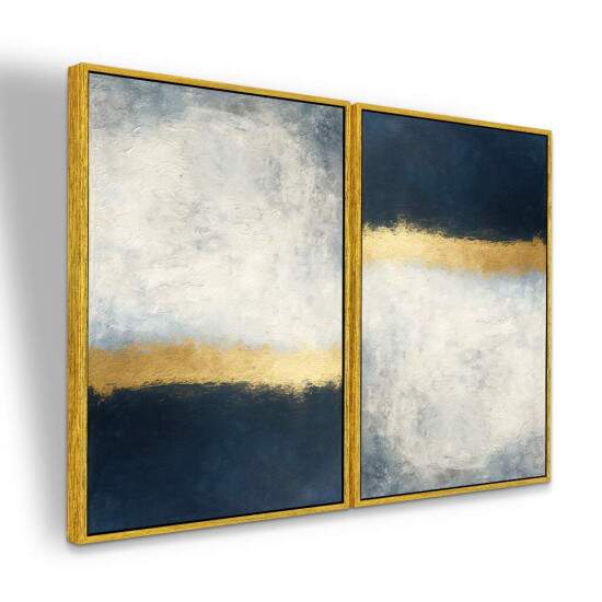 Dupla de Quadros Abstrato Azul e Dourado com Tons Cinzas