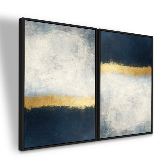 Dupla de Quadros Abstrato Azul e Dourado com Tons Cinzas