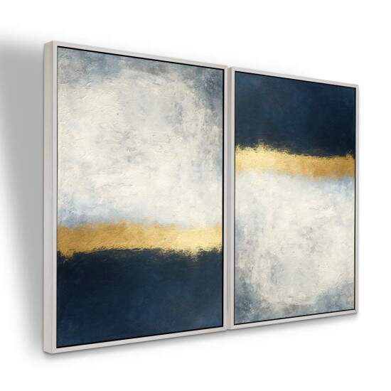Dupla de Quadros Abstrato Azul e Dourado com Tons Cinzas