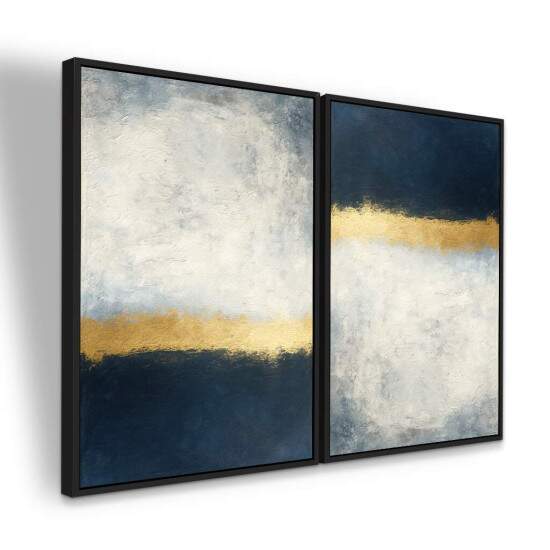 Dupla de Quadros Abstrato Azul e Dourado com Tons Cinzas
