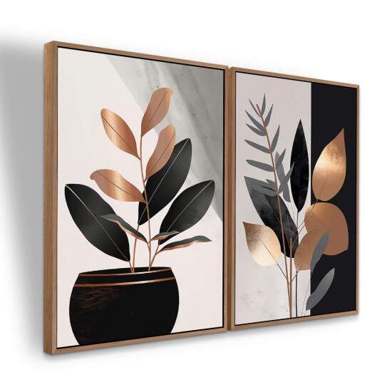 Dupla de Quadros Abstrato Boho Tons de Preto e Cobre Rose - Grande Moderno