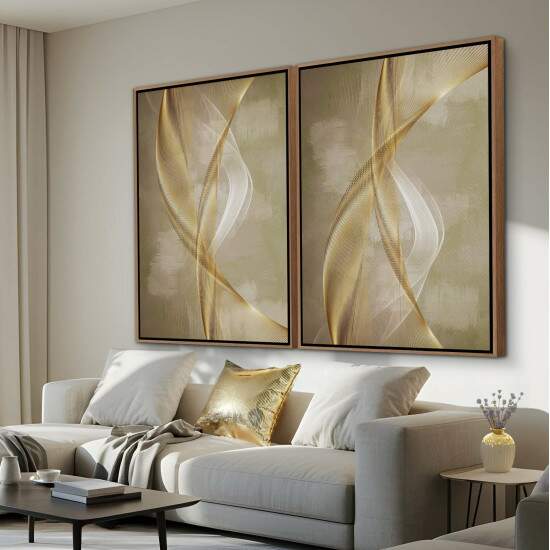 Dupla de Quadros Abstrato Curvas Douradas em Tons de Bege