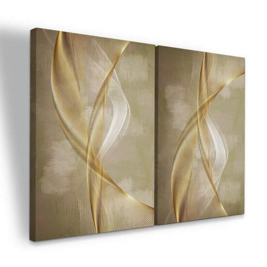 Dupla de Quadros Abstrato Curvas Douradas em Tons de Bege