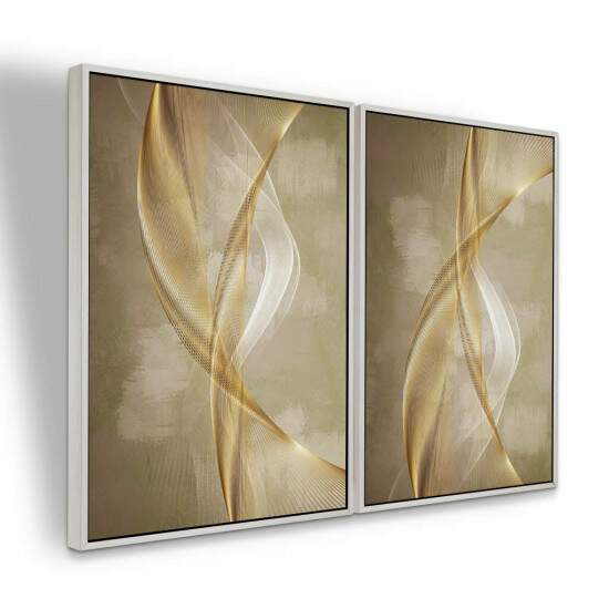 Dupla de Quadros Abstrato Curvas Douradas em Tons de Bege