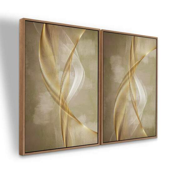 Dupla de Quadros Abstrato Curvas Douradas em Tons de Bege