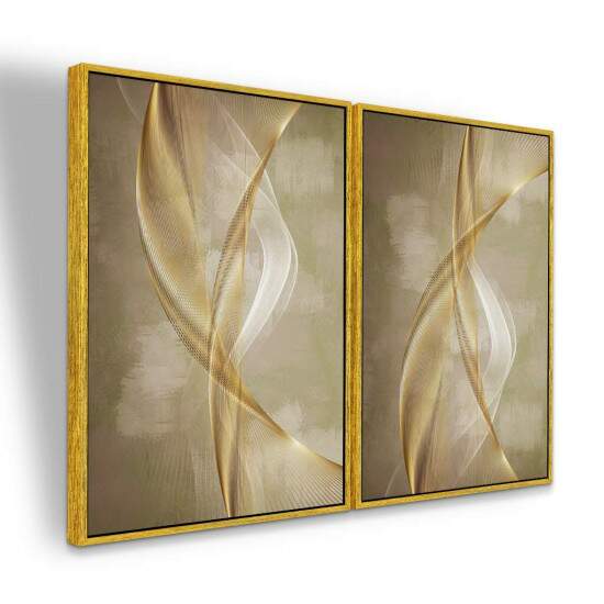 Dupla de Quadros Abstrato Curvas Douradas em Tons de Bege