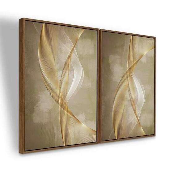 Dupla de Quadros Abstrato Curvas Douradas em Tons de Bege