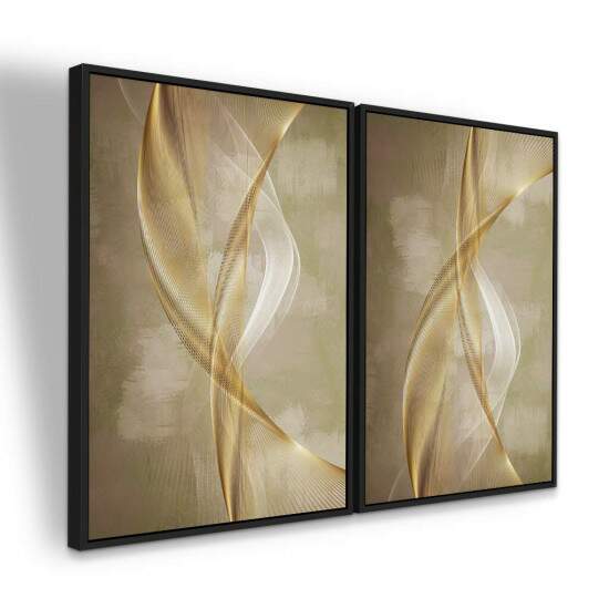 Dupla de Quadros Abstrato Curvas Douradas em Tons de Bege