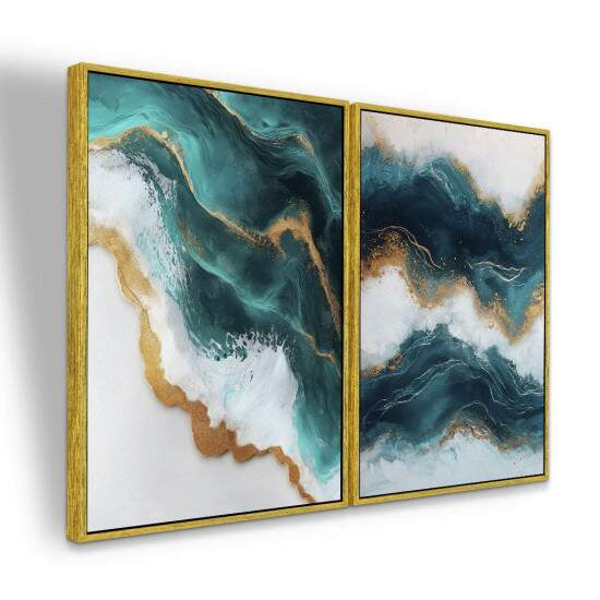 Dupla de Quadros Abstrato Ondas Marinhas em Azul e Dourado