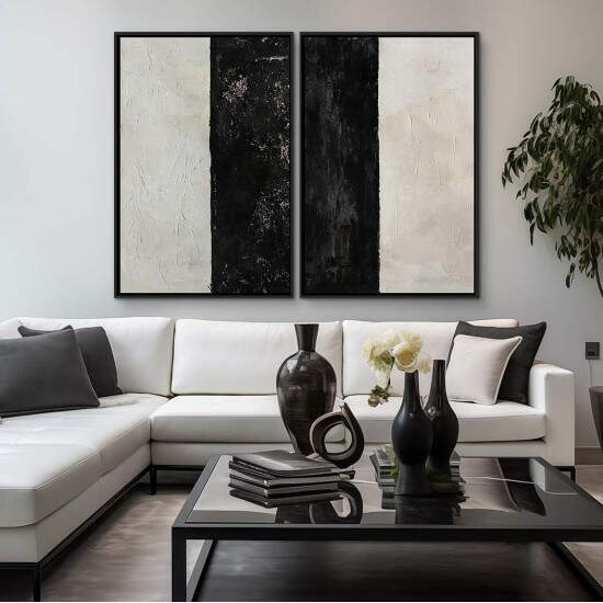 Dupla de Quadros Abstrato Pintura Preta e Off White