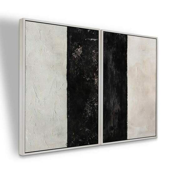 Dupla de Quadros Abstrato Pintura Preta e Off White