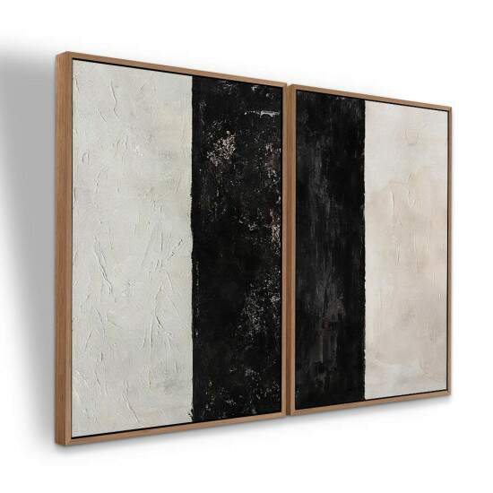 Dupla de Quadros Abstrato Pintura Preta e Off White