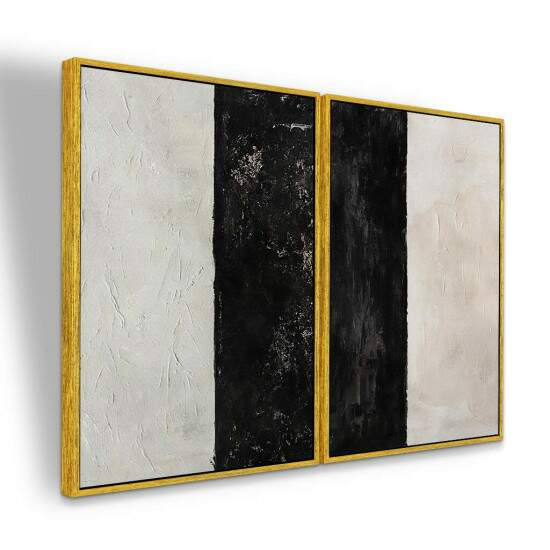 Dupla de Quadros Abstrato Pintura Preta e Off White