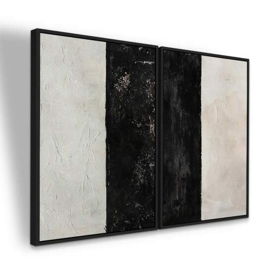 Dupla de Quadros Abstrato Pintura Preta e Off White