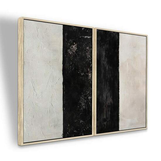 Dupla de Quadros Abstrato Pintura Preta e Off White
