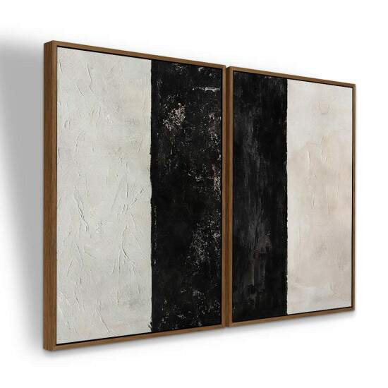 Dupla de Quadros Abstrato Pintura Preta e Off White