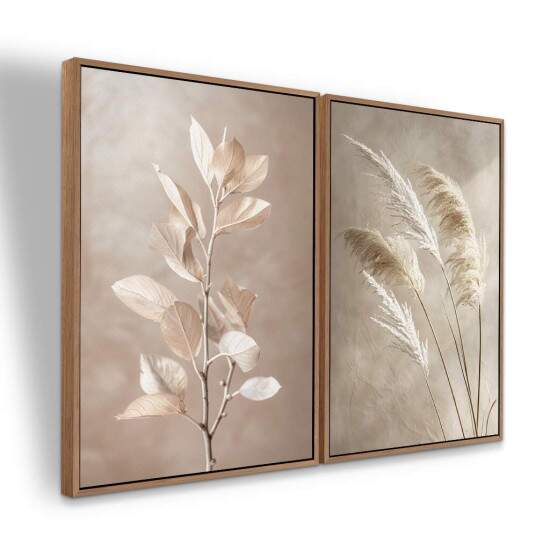 Dupla de Quadros Arte Moderna Plumas Em Tons Neutros Plantas Abstratas