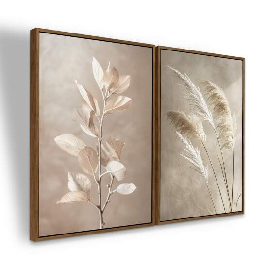Dupla de Quadros Arte Moderna Plumas Em Tons Neutros Plantas Abstratas