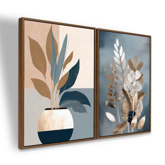 Dupla de Quadros Boho Abstrato Moderno Tons de Azul