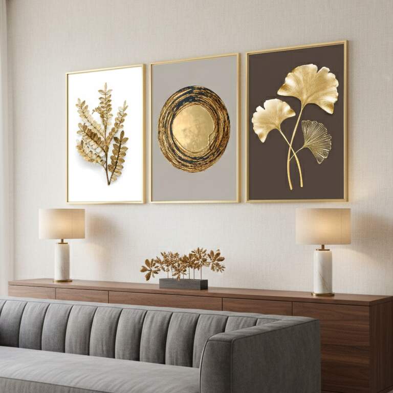 Trio de Quadros Folhas e Wabi Sabi Tons de Dourado 7