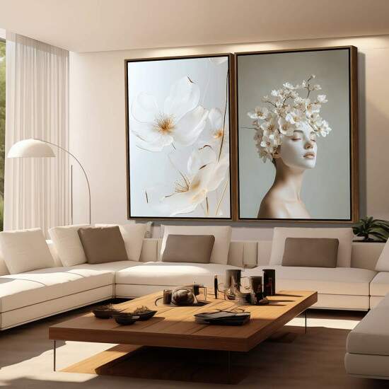 Dupla de Quadros Flor e Mulher com Coroa Floral Dourada