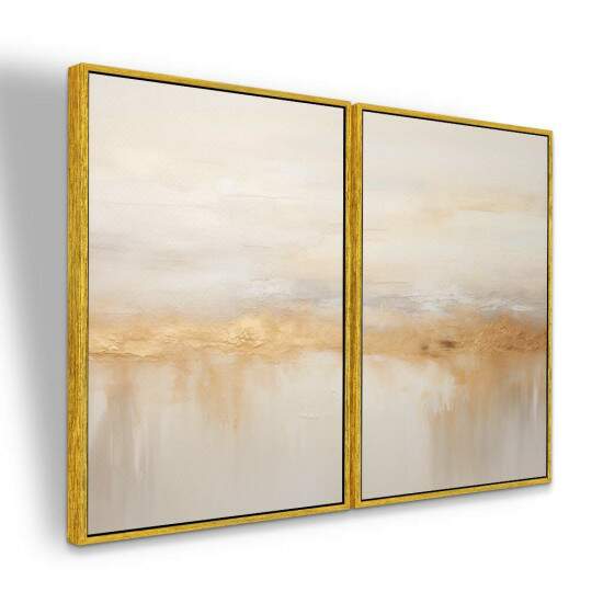 Dupla de Quadros Abstrato Bege com Detalhes Dourados