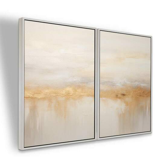 Dupla de Quadros Abstrato Bege com Detalhes Dourados