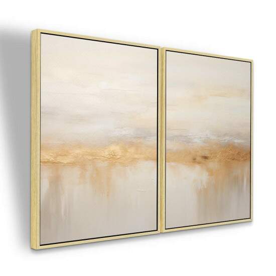 Dupla de Quadros Abstrato Bege com Detalhes Dourados