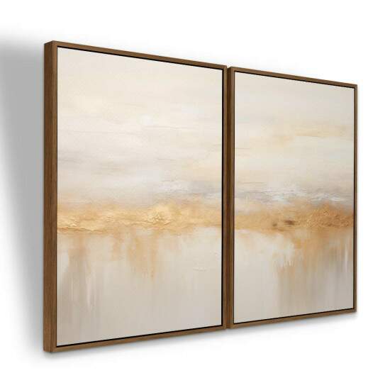 Dupla de Quadros Abstrato Bege com Detalhes Dourados