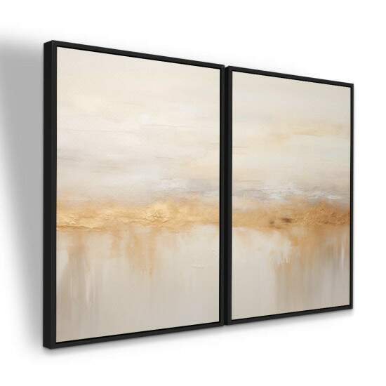 Dupla de Quadros Abstrato Bege com Detalhes Dourados