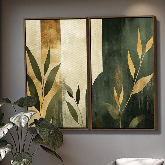 Dupla de Quadros Folhas Verde e Dourada - Essncia Botnica