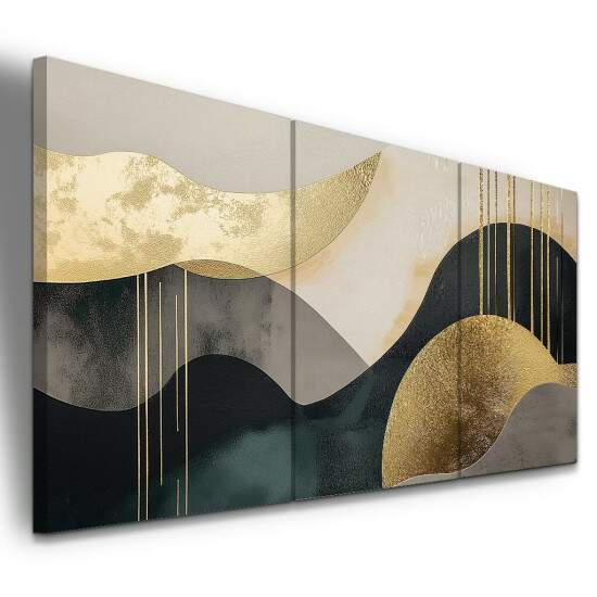 Trio de Quadros Autoral Abstrato dourado, preto e branco