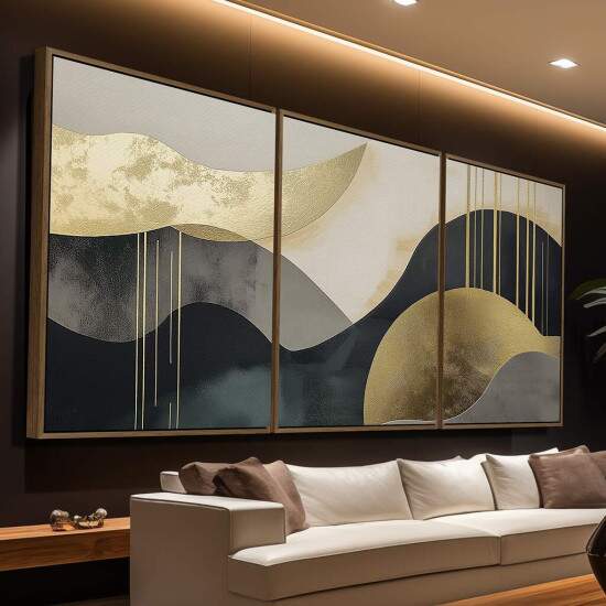 Trio de Quadros Autoral Abstrato dourado, preto e branco